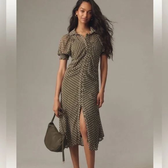 63. Anthropologie Puff-Sleeve Ruched Mesh Midi Shirt Dress - Picture 2 of 4